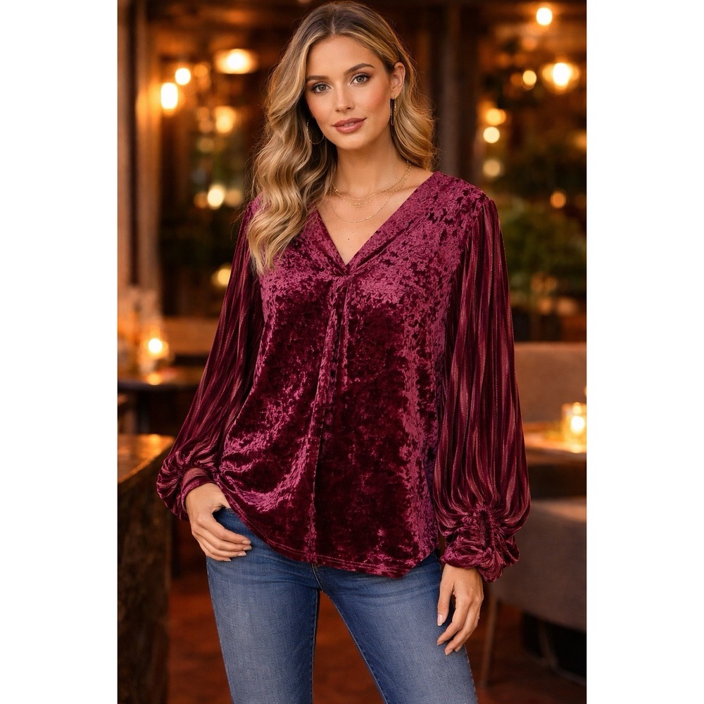 Jodifl Burgundy Crushed Velvet Blouse Boho Balloon Sleeve Top Small Sheer Sleeve